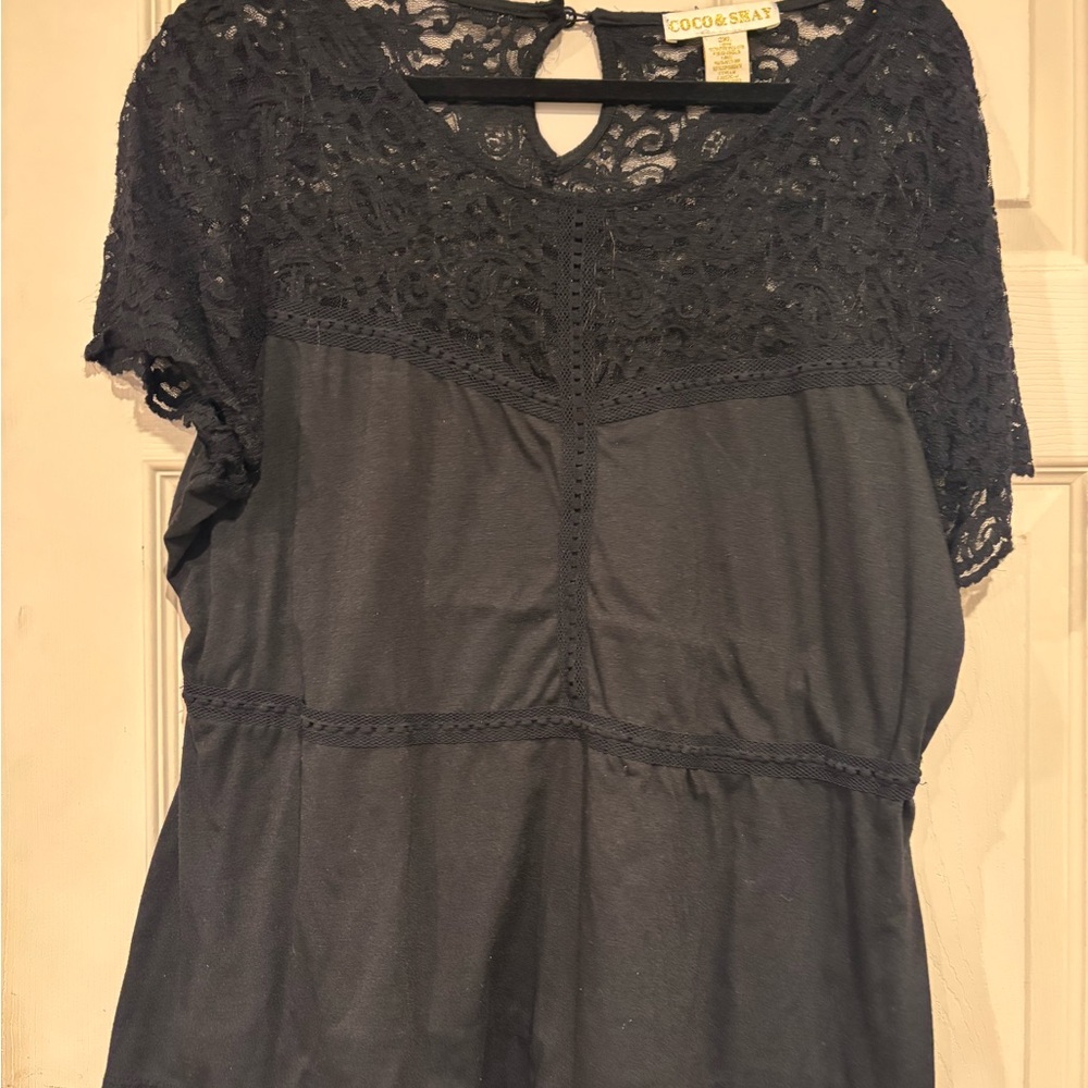 Black Lace Fitted Short Sleeve Blouse